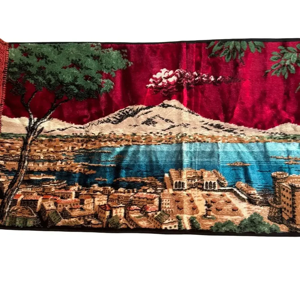 Vintage Gulf of Naples Italy Velvet Tapestry Fringed Wall Hanging Mt Vesuvius